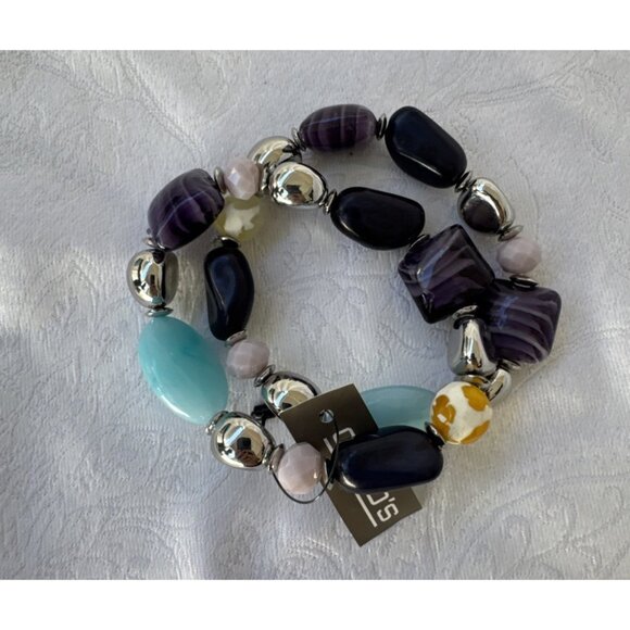Chico's 2 PC Turquoise Blue Purple Silvertone Stretch Stackable Bracelet - NWT - Picture 2 of 16